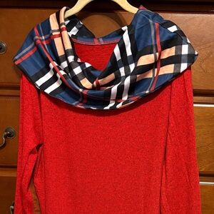 Red Top with Plaid Scarf Neck